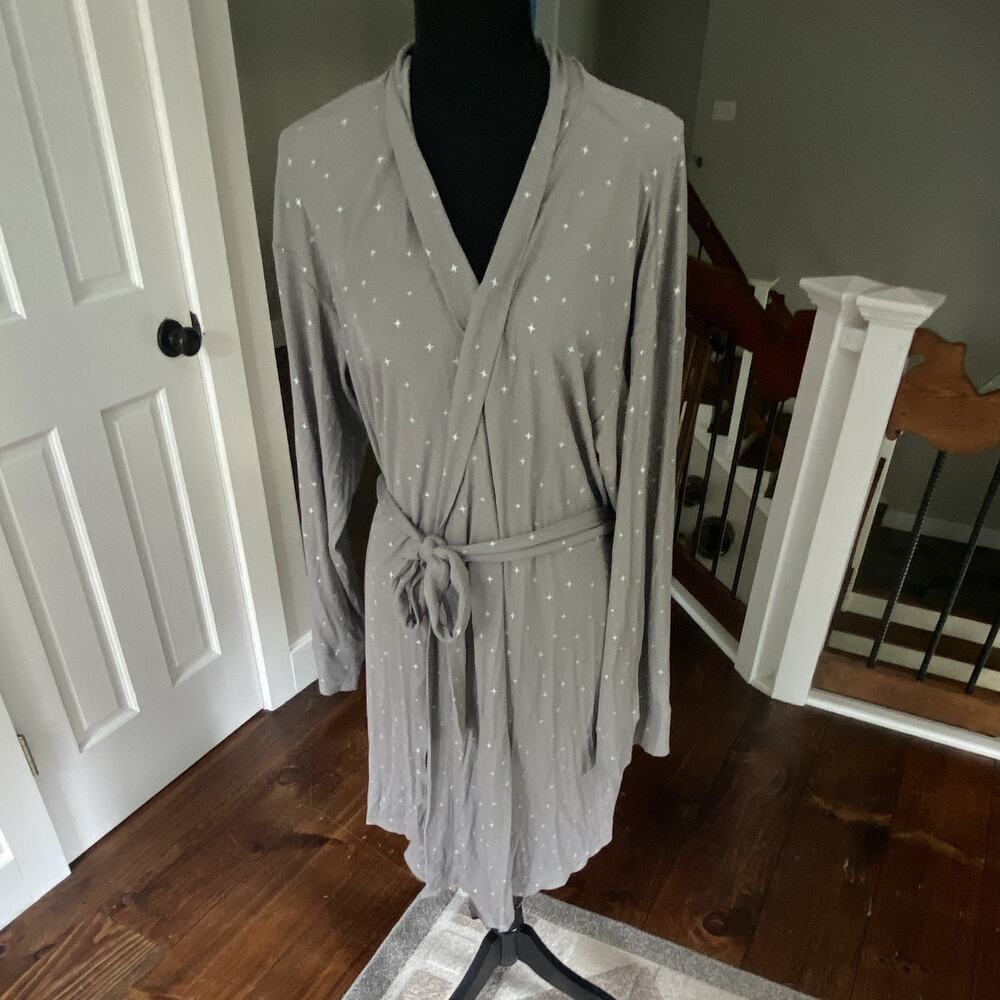 SKIMS Womens Gray Ribbed Knit Star Print Wrap Robe Long Sleeve Belted 2XL